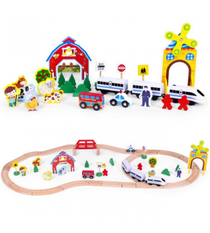 Drewniana kolejka z torami,  69 elementów